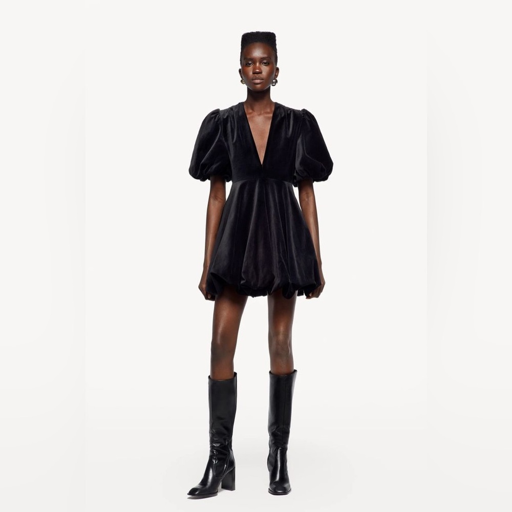 Zara Black Velvet Puff-Sleeve Mini Dress